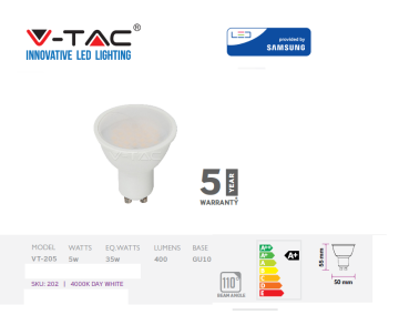 LED Spotlight SAMSUNG Chip GU10 5W Smooth Plastic 400Lm 110° 4000K by V-TAC