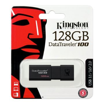 Kingston 128 GB DataTraveler 100 USB 3.1/3.0/2.0 Flash Drive (DT100G3/128GB) - Black