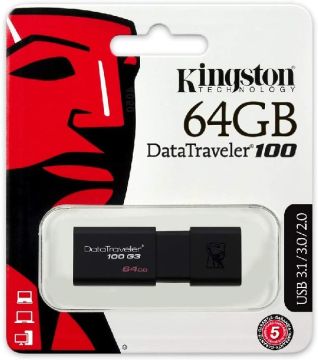 Kingston 64 GB DataTraveler 100 USB 3.1/3.0/2.0 Flash Drive (DT100G3/64GB) - Black